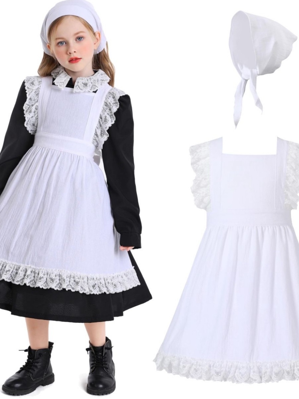 White Lace-Trim Maid Apron Costume with Cap for Kids
